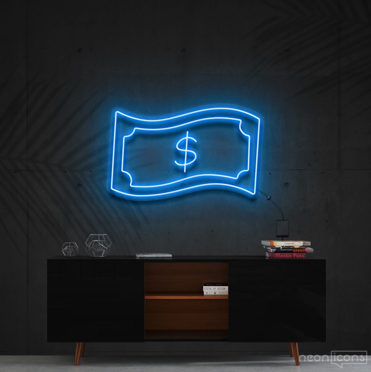 "Dollar Bill" Neon Sign 60cm (2ft) / Ice Blue / Cut to Shape by Neon Icons