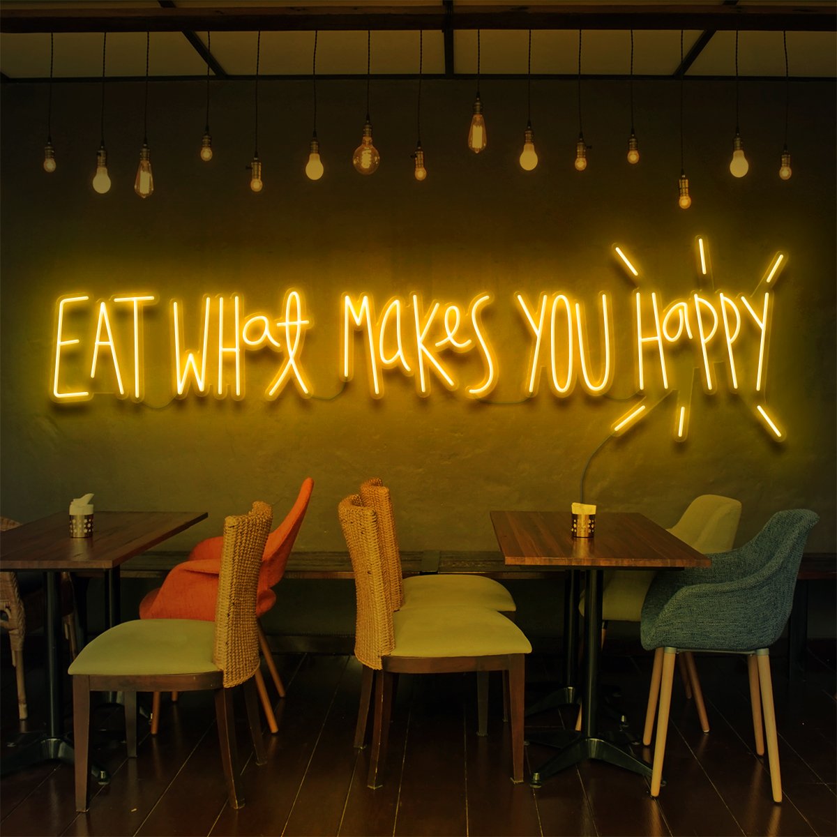 "Eat What Makes You Happy" Neon Sign for Bars & Restaurants 90cm (3ft) / Yellow / LED Neon by Neon Icons