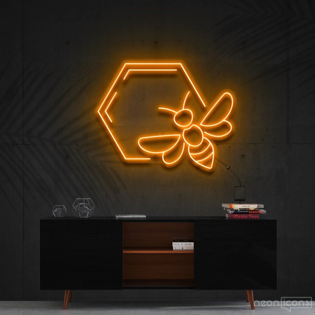 "Honeycomb Bee" Neon Sign 60cm (2ft) / Orange / Cut to Shape by Neon Icons