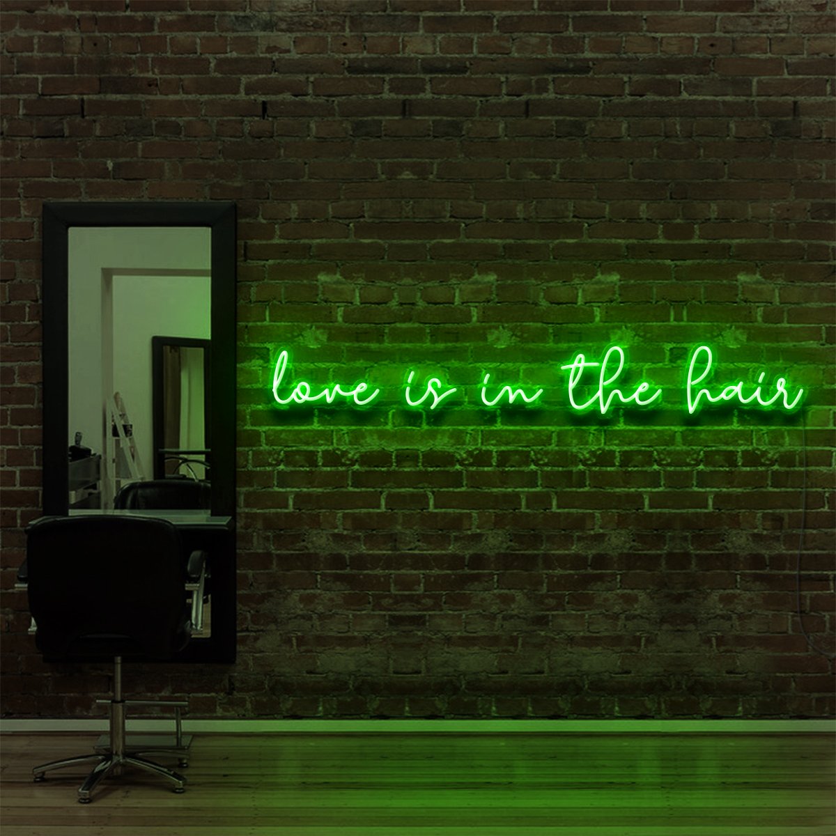 "Love Is In The Hair" Neon Sign for Hair Salons & Barbershops 90cm (3ft) / Green / LED Neon by Neon Icons