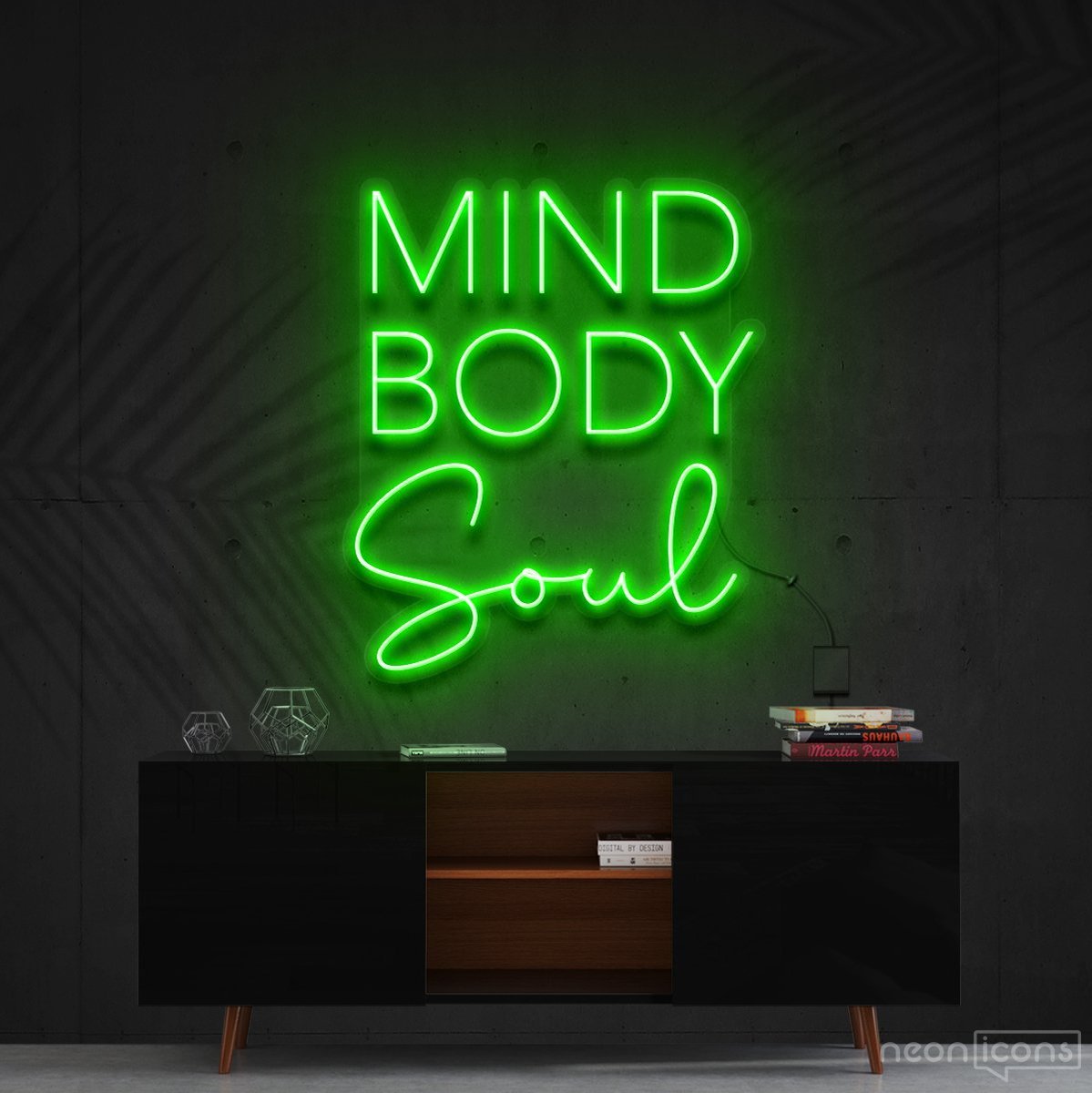 "Mind Body Soul" Neon Sign 60cm (2ft) / Green / Cut to Shape by Neon Icons