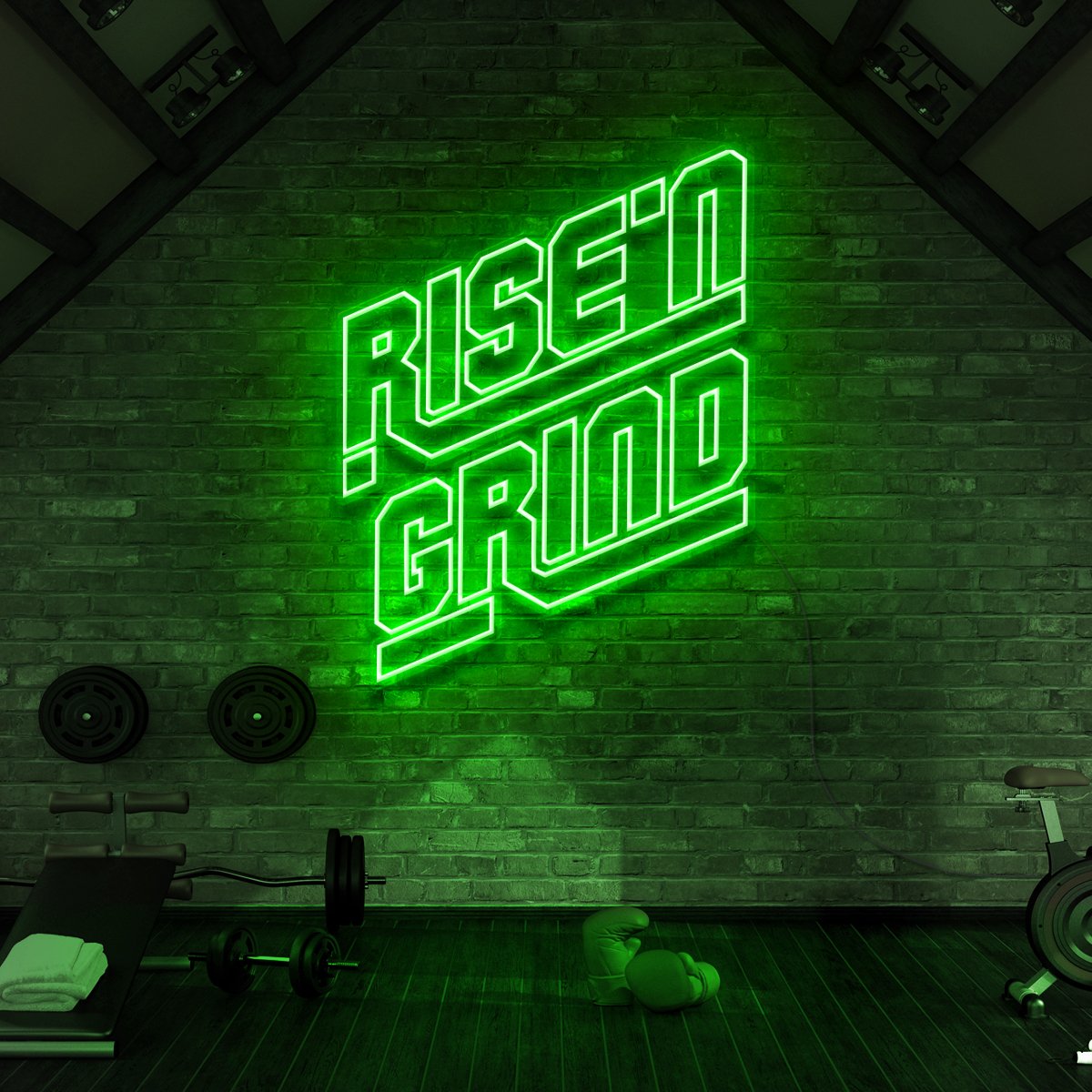 "Rise N' Grind" Neon Sign for Gyms & Fitness Studios 90cm (3ft) / Green / LED Neon by Neon Icons