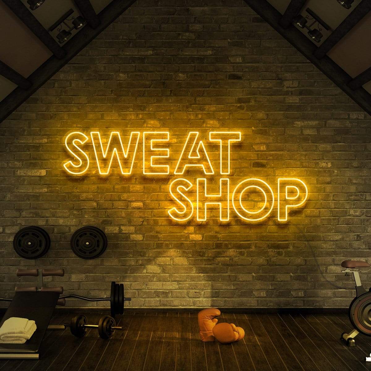 "Sweat Shop" Neon Sign for Gyms & Fitness Studios 90cm (3ft) / Yellow / LED Neon by Neon Icons